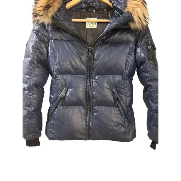 SAM Womens Down Puffer Jacket  Black Raccoon Fur Trimmed Size XXS MSRP 450 - Picture 5 of 13